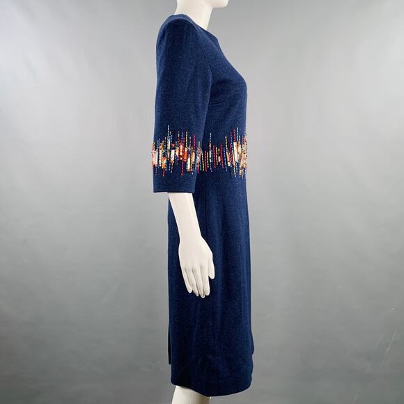 CAROLINA HERRERA Size 6 Blue Multi Color Wool Beaded Back Zip Dress - Picture 3 of 8
